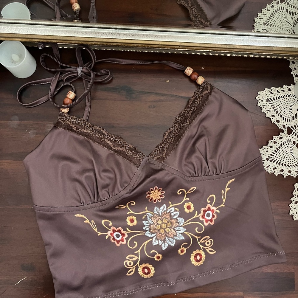 Brown Embroidered Halter Top